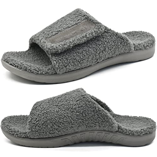 ONCAI Mens House Slippers with Arch Support，Fur Slides with Orthopedic for Plantar Fasciitis Relief Wide Footbed and Adjustable Strap Grey Size 11