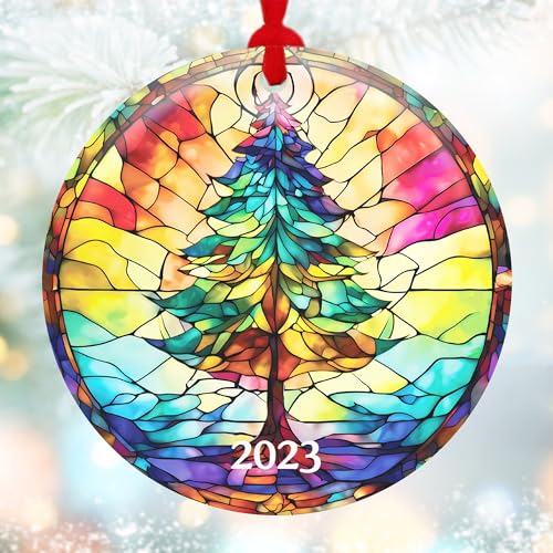 2023 Stained Glass Christmas Ornament, Christmas Tree Ornament Suncatcher, Xmas Home Decoration Gift Secret Santa Gifts for Coworkers, White Elephant Exchange Gifts, Acrylic Round Car Hanging