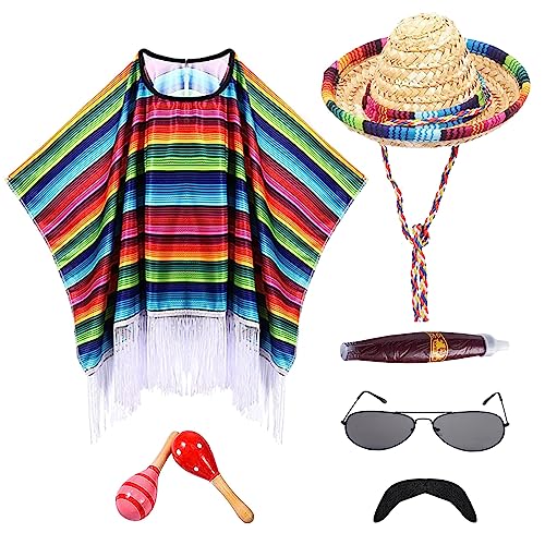 Mexican Poncho and Sombrero Set for Adults,7Pcs Mexican Party Costume Set Includes Mexican Fiesta Serape Poncho Sombrero Hat Sunglasses Fake Mustache Maracas Stick Prop for Cinco De Mayo Costume