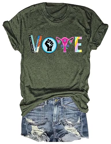 Vote T-Shirt for Women Banned Books Reproductive Rights Political Pro Roe V Wade LGBTQ BLM Graphic Tees Tops(Army Green,M)