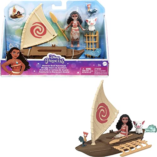Mattel Disney Princess Moana Small Doll & Boat Playset with Floating Boat Vehicle & 2 Character Friends, from Mattel Disney Movie