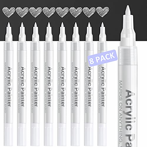 AKARUED White Paint Pen Acrylic Marker: 8 Pack 0.7mm White Paint Marker for Black Paper, Metal, Wood, Plastic, Ceramic, Metallic, Rock Painting, Drawing, Extra Fine Point, Ideal for Artist & Students