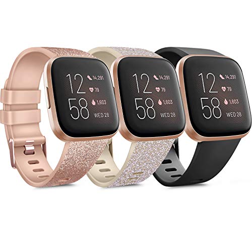 PACK 3 Soft Silicone Bands Compatible for Fitbit Versa 2 / Fitbit Versa/Fitbit Versa Lite Adjustable Sport Bands for Women Men Small Large (Small, Glitter Rose Gold+Glitter Champagne Gold+Black)