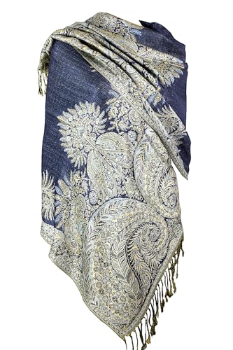 Achillea Luxurious Big Paisley Jacquard Layered Woven Pashmina Shawl Wrap Scarf Stole (Navy)