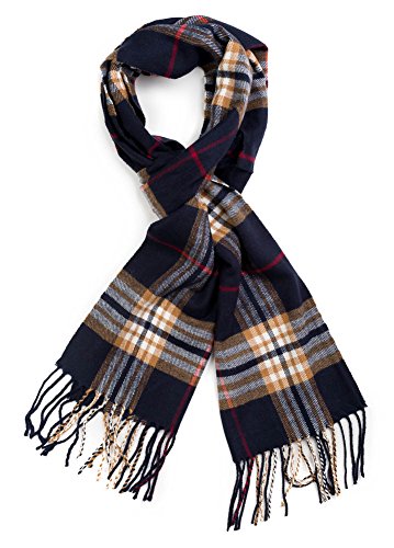 Plum Feathers Super Soft Luxurious Cashmere Feel Winter Scarf (Navy-Camel Plaid)