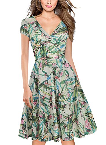 oxiuly Women's V-Neck Cap Sleeve Floral Casual Work Cocktail Swing Dress OX233 (XL, Light Green)