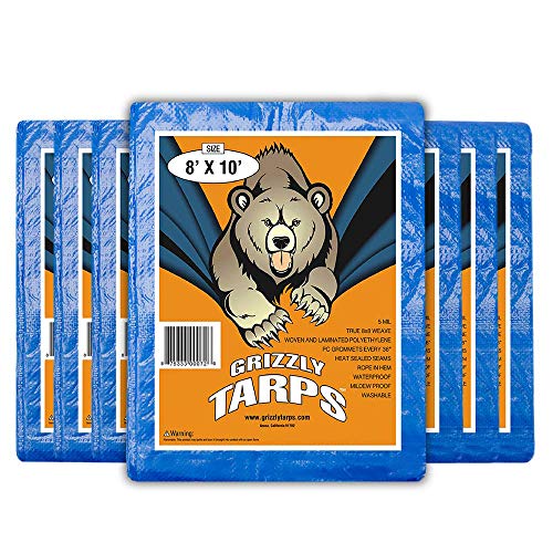Grizzly Tarps by B-Air 8' x 10' Large Multi-Purpose Waterproof Heavy Duty Poly Tarp with Grommets Every 36', 8x8 Weave, 5 Mil Thick, for Home, Boats, Cars, Camping, Protective Cover, Pack of 4, Blue