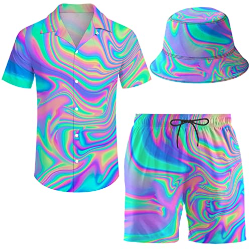 Wdpsuxin Men'S 2 Piece Tracksuit Psychedelic Trippy Hawaiian Shirt Shorts Button Down Shirt And Shorts Sets With Bucket Hats X-Large