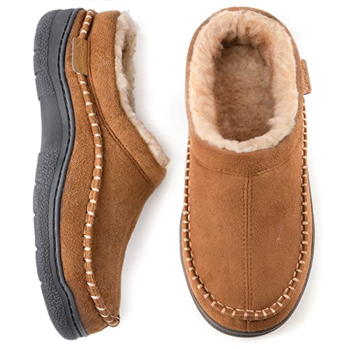 Zigzagger Men's Slip On Moccasin Slippers, Indoor/Outdoor Warm Fuzzy Comfy House Shoes, Fluffy Wide Loafer Slippers,Tan,13-14 D(M) US