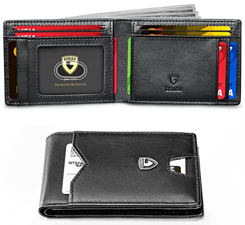 GSOIAX Mens Slim Wallet for Men Minimalist Genuine Leather Carbon Fiber Rfid Blocking Bifold Credit Card Holder With Gift Box (Black)