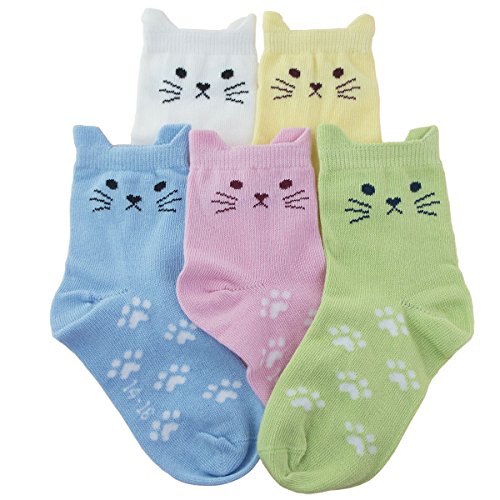 Tandi Kids Girls Cotton Novelty Cats Crew No Seam Socks - 5-8 Years/Little Kid 10.5M-12.5M/16cm-18cm - Multicoloured (5 Pair)