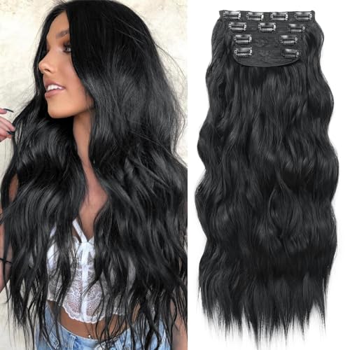 KooKaStyle Clip in Synthetic Hair Extensions Long Wavy 4PCS Thick Hairpieces Black Fiber Double Weft Natural Hair Extensions 20 Inch for Women