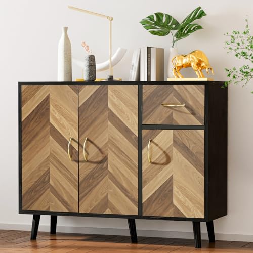 Likein Black Storage Cabinet with 3 Doors & Drawer, Modern Sideboard Buffet Cabinet with Storage, Small Kitchen Cabinet Narrow Cabinet for Living Room, Kitchen, Entryway