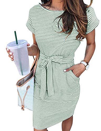 MEROKEETY Women's Summer Striped Short Sleeve T Shirt Dress Casual Tie Waist Midi Dress Mint