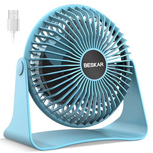 BESKAR USB Small Desk Fan, Portable Fans with 3 Speeds Strong Airflow, Quiet Operation and 360°Rotate, Personal Table Fan for Home,Office, Bedroom- 3.9 ft Cord/Blue