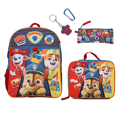 Bioworld Paw Patrol Backpack Set Kids 5 Piece 16' Backpack Lunchbox Utility Case Rubber Keychain Carabiner