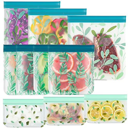 10 Pack Dishwasher Safe Reusable Food Storage Bags,Leakproof Reusable Freezer Bags(3 Reusable Gallon Bags,4 Reusable Sandwich Bags,3 Reusable Kids Snack Bags) for Snack Meat Food Fruit Cereal-BPA FREE