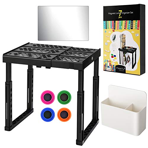 Magicfly Locker Shelf Organizer, Adjustable Height and Width, Stackable Locker with Tools Accessories Included Pencil Holder, Mirror & Magnets for School, Work, Gym or Personal Locker, Black
