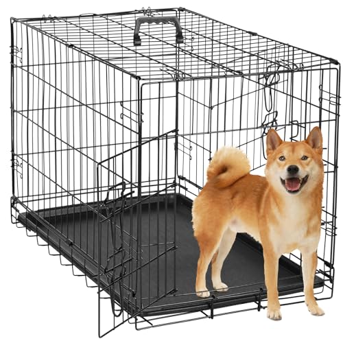 DUMOS Medium Dog Crate with Double Doors - Enhanced Metal Foldable Pet Cage with Divider Panel & Removable Tray, Portable Kennel for Out Indoor with Handle, Black 30 Inch