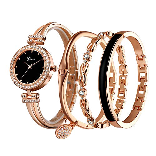 Clastyle Rose Gold Watch and Bracelet Set for Women Elegante Rhinestone Wrist Watch with 3 Bangles Glitter Girls Ladies Bracelet Watch Set Gift