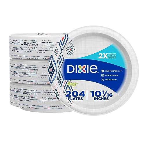 Dixie Large Paper Plates, 10 Inch, 204 Count, 2X Stronger*, Microwave-Safe, Soak-Proof, Cut Resistant, Great For Everyday Breakfast, Lunch, & Dinner Meals