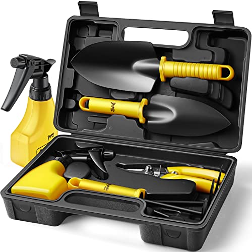 Kids Gardening Tools, Geyiie Garden Tool Set with Heavy Duty Anti-Rust Metal,Non-Slip Ergonomic Handle Carrying Case Trowel Hand Rake Pruner Shear Sprayer,Gardening Gift For Kid Women Parent Outdoor