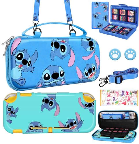 Xinocy for Nintendo Switch Lite 7 in 1 Storage Accessories Kit with Travel Carrying Case+Switch Lite Protective Cover+Game Case Holder+Strap+Sticker+2 Thumb Caps Cute Shell for Boys Kids Girls -Stit