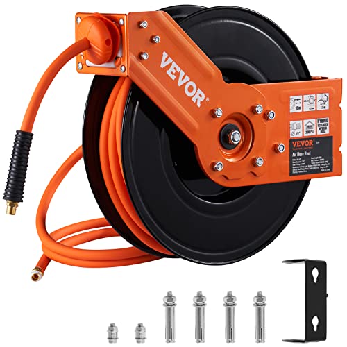 VEVOR Retractable Air Hose Reel, 3/8 IN x 50 FT Hybrid Air Hose Max 300PSI, Air Compressor Hose Reel with 5 ft Lead in, Ceiling/Wall Mount Heavy Duty Double Arm Steel Reel