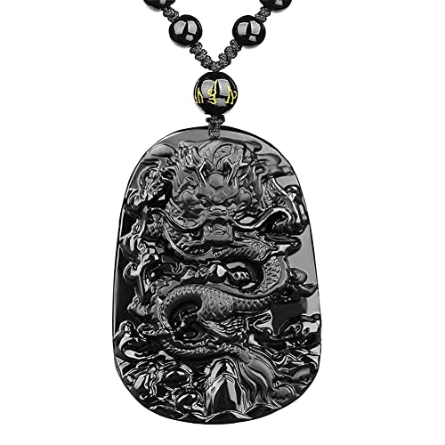 Natural Obsidian Dragon Necklace for Men Black Obsidian Pendant Necklace Talisman Amulet Protection Pendant with Bead Chain Healing Crystal Stone Amulet Protection Pendant Spiritual Jewelry for Men