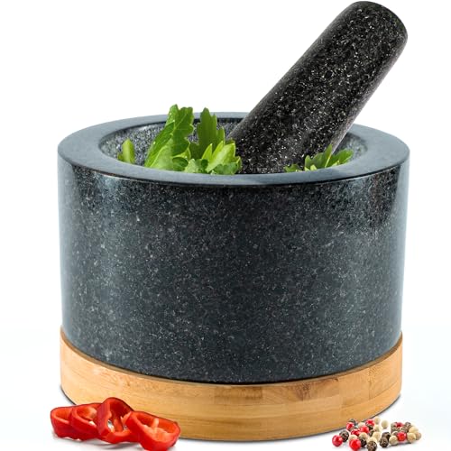 Heavy Duty Mortar and Pestle Set with Bamboo Base, Large 2 Cups, 100% Natural Granite Mortar and Pestle Large Stone Grinder Bowl, Molcajete Bowl, Masher Guacamole Bowls, Polished Black