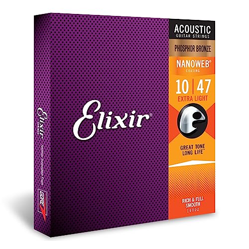 Elixir Strings, Acoustic Guitar Strings, Phosphor Bronze with NANOWEB Coating, Longest-Lasting Rich and Full Tone with Comfortable Feel, 6 String Set, Extra Light 10-47