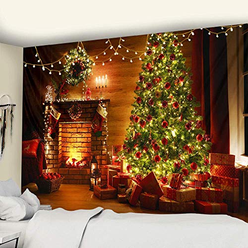 Wall Tapestry Christmas Colorful Tapestry Backdrop, Xmas Santa Claus, Reindeer, Tree and Fire Place for the Living Room Background Wall Hanging for Party Home Christmas Wall Decor (W90 x L71)