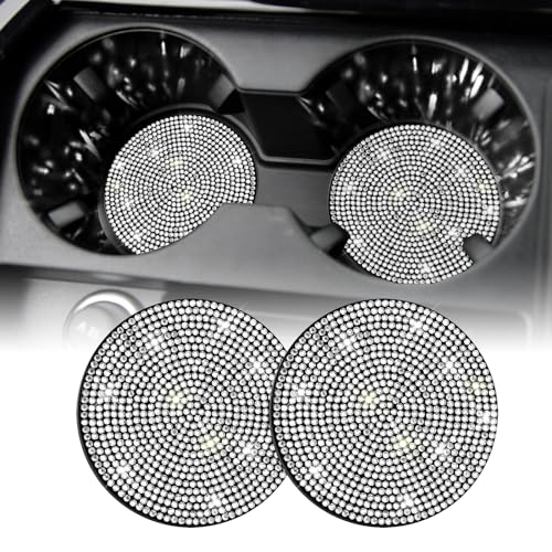 SINGARO Bling Cup Holder Coasters for Car, 2PCS Universal Non-Slip Cup Holder, Embedded Decorative Coasters, Shiny Crystal Car Interior Accessories Gifts for Women (White)