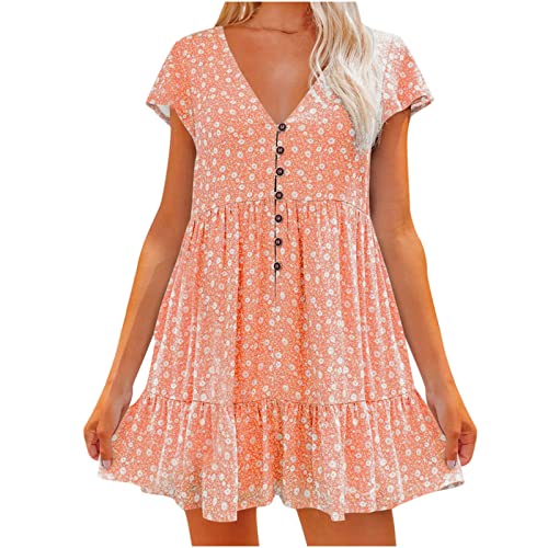 Today's Deals Clearance Prime Women's Bohemia Floral Mini Dresses Summer Casual Short Sleeve V Neck Button Ruffle A Line Loose Swing Beach Sundress