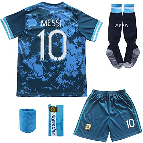 BIRDBOX 2021 Argentina Away Dark Blue #10 Lionel Messi Kids Soccer Jersey & Shorts Set Youth Sizes (Dark Blue, 26 (8-9 Years))