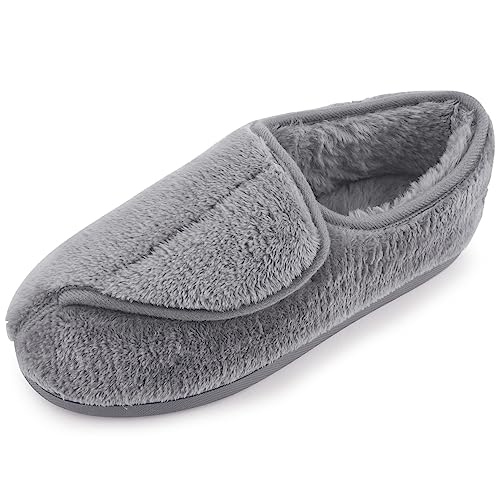 Git-up Women Memory Foam Diabetic Slippers Arthritis Edema Adjustable Closed Toe Swollen Feet Slippers Comfortable House Indoor Outdoor Shoes with Rubber Sole, Grey 9##