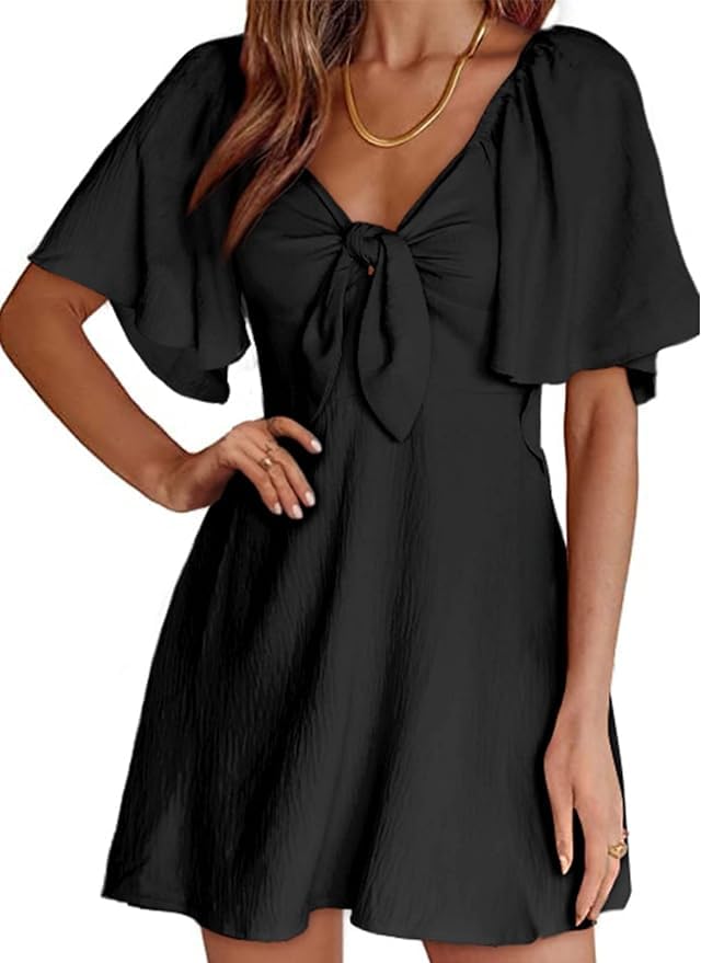 Dokotoo Black Dress Dresses for Women 2024 Summer Drawstring V-Neck Ruffle Party Womens Dresses Cocktail Tank Dress Little Mini Dress