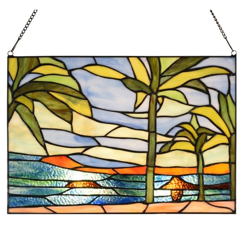 HomeBeauty Stained Glass Hanging Panel-14 Wx9.5 H Window Suncatcher Tiffany Style Window Ornament,Tropical Palm Trees Home Hanging Decorations