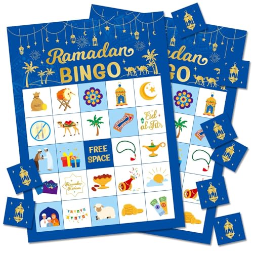 Mosailles Ramadan Bingo Game Set of 24 Bingo Cards for Ramadan Family Activities Eid Mubarak Party Favors Supplies Eid Gifts Idea