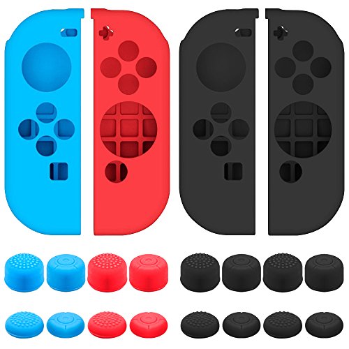 senhai Case for Nintendo Switch Joy-Con Controllers with Protective Grips, 2 Pairs of Silicone Joysticks Case with 16 Sticks - Black, Blue + Red