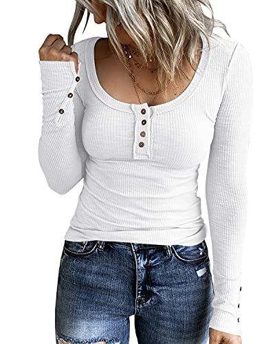 KINLONSAIR Women’s Long Sleeve Henley T Shirts Button Down Slim Fit Tops Scoop Neck Ribbed Knit Shirts