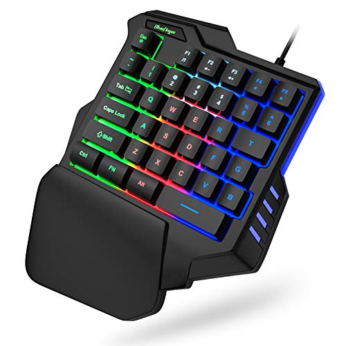 One Hand RGB Gaming Keyboard,USB Wired Rainbow Letters Glow Single Hand Keyboard with Wrist Rest Support Multimedia Keys, Backlit Ergonomic Mechanical Feeling Keyboard for Game