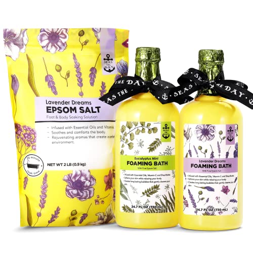 Bubble Bath for Women Adults, 2 lb Epsom Salt for Soaking for Pain & 2 Pack 730ml Foaming Bath, Lavender & Eucalyptus Mint Scented, Spa Gift Set Bath Salts for Women Relaxing, Christmas Gifts