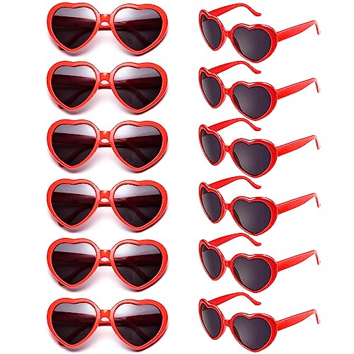 SUNOVELTIES 12 Pack Red Heart Sunglasses for Women Bulk, Cute Heart Shape Glasses for Women Bachelorette Party