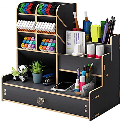 Marbrasse Upgraded Wooden Pencil Holder, Pen Organizer for Desk, Easy Assembly, Art Supply Organizer, Desktop Stationary Organizer Caddy (B17-Black)