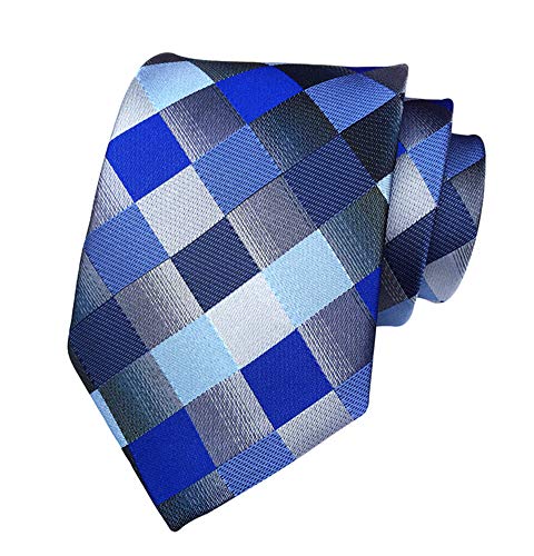 Secdtie Men's Classic Checks Light Blue Jacquard Woven Silk Tie Necktie (One Size, Dark Blue)