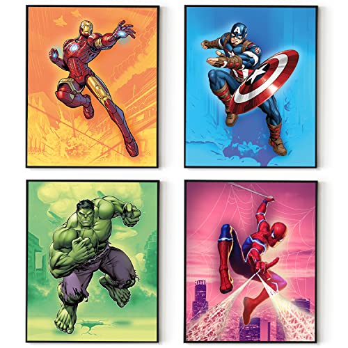 Superhero Wall Decor Poster Prints - Set of 4 (8 inch x 10 inch) - Superhero Room Decor for Boys - Avengers Wall Art - Room Decor For Kids - Nursery, Bathroom, Playroom Decor (UNFRAMED)