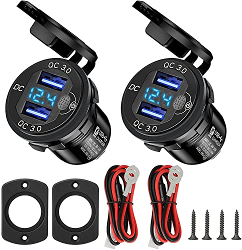 Upgraded 12V USB Outlet, 2PCS Quick Charge 3.0 Dual USB Power Outlet with On Off Switch Waterproof 12V/24V Fast Charge USB Charger Socket with Voltmeter for Car Boat Marine Truck Golf RV Motorcycle