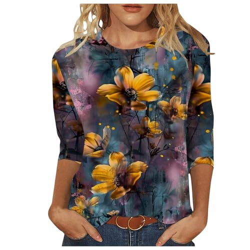 Ceboyel Womens 3/4 Sleeve Summer Shirts 2024 Trendy Elbow Length Tops Floral Boho Blouses T Shirts Dressy Causal Clothes Ladies Summer Tops Navy L
