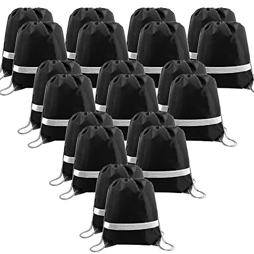 BeeGreen 20 Pieces Black Drawstring Backpacks Gym, Drawstring Sports Bags Reflective, Blank String Bag for DIY